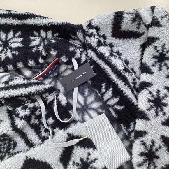 Tommy Hilfiger Open-Front Sherpa Jacket Women's 1X Fair Isle Powder Blue/Navy - Picture 1 of 5